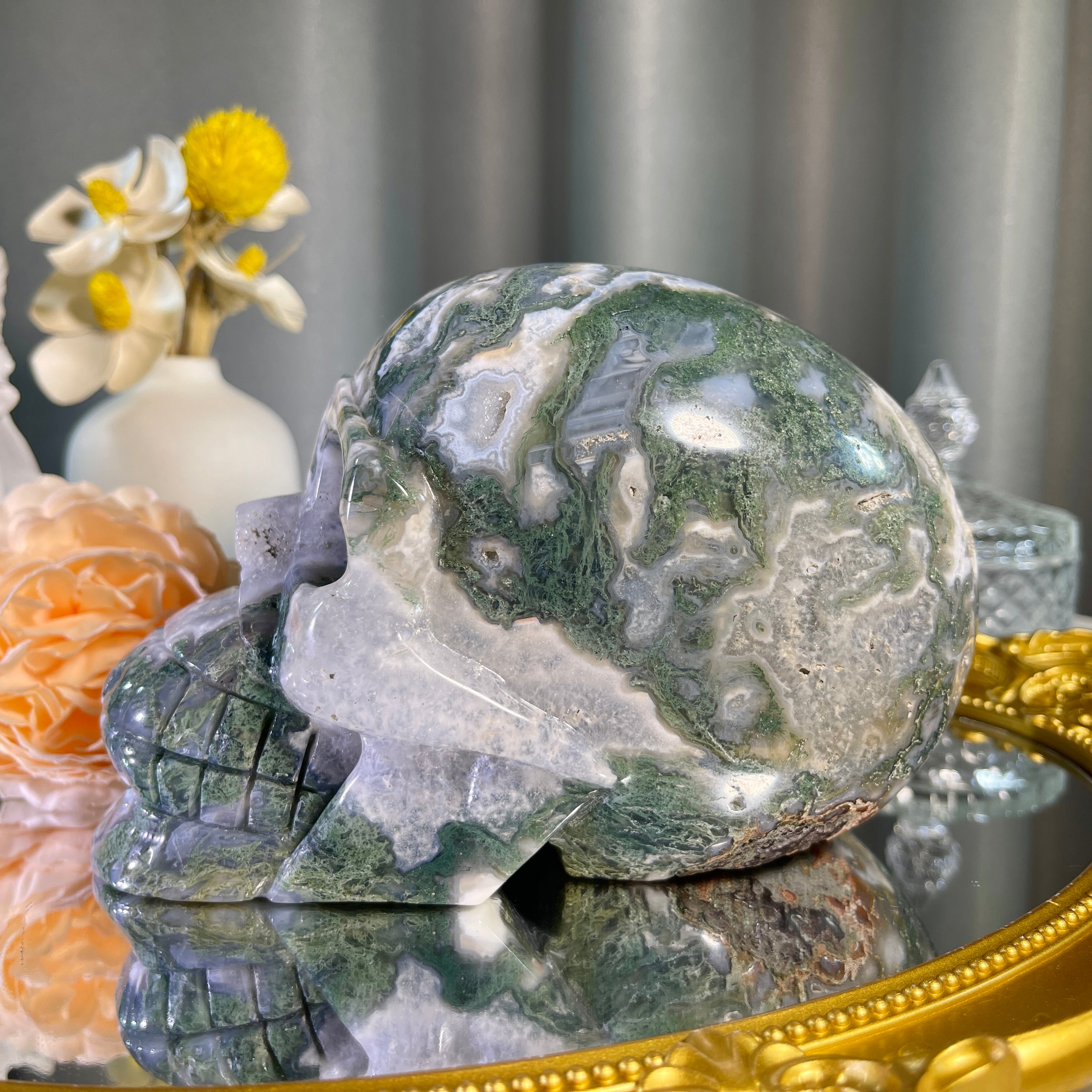 4.2"+ Druzy Moss Agate Skull 1PC