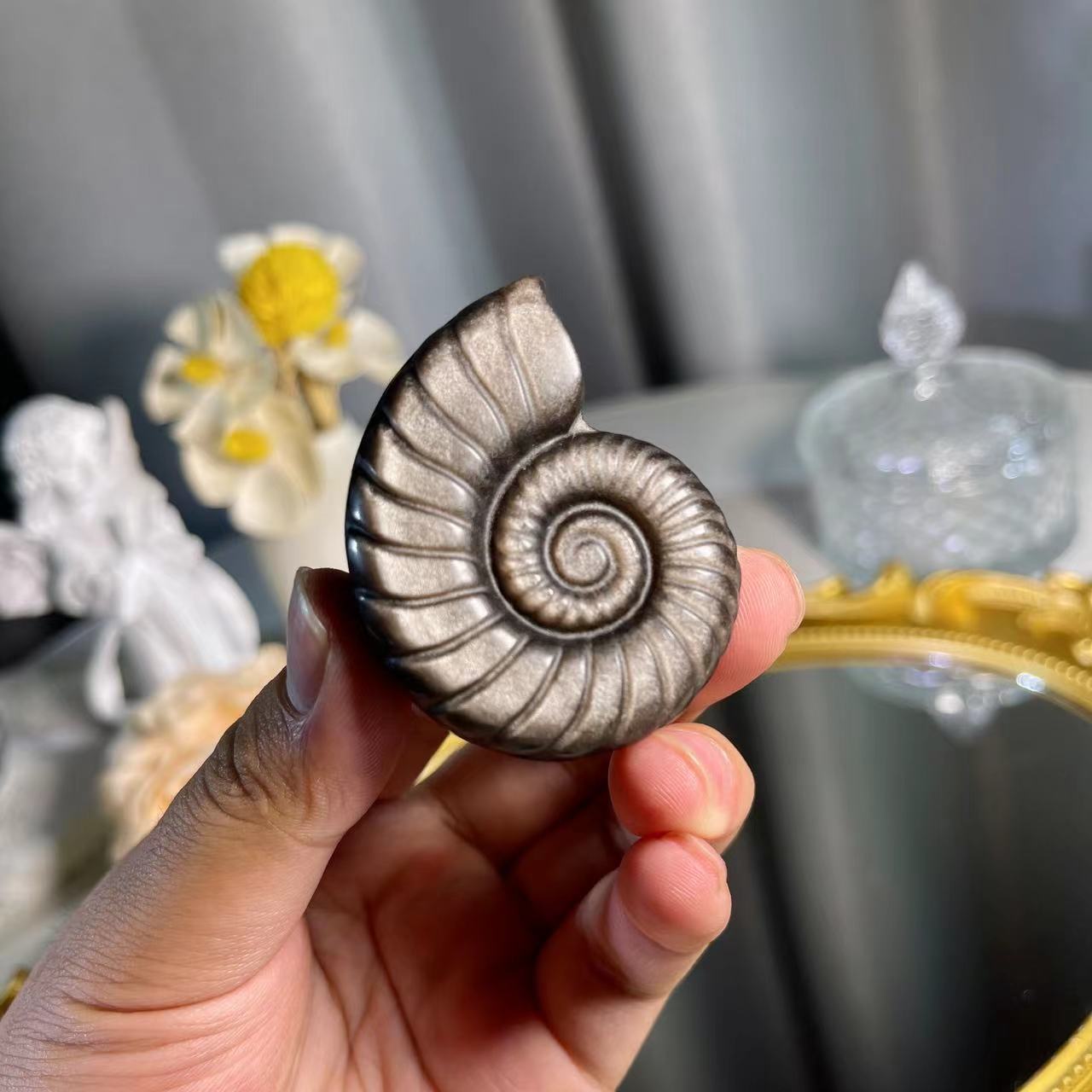 1.8"+ Silver Obsidian Sea Snail 1PC