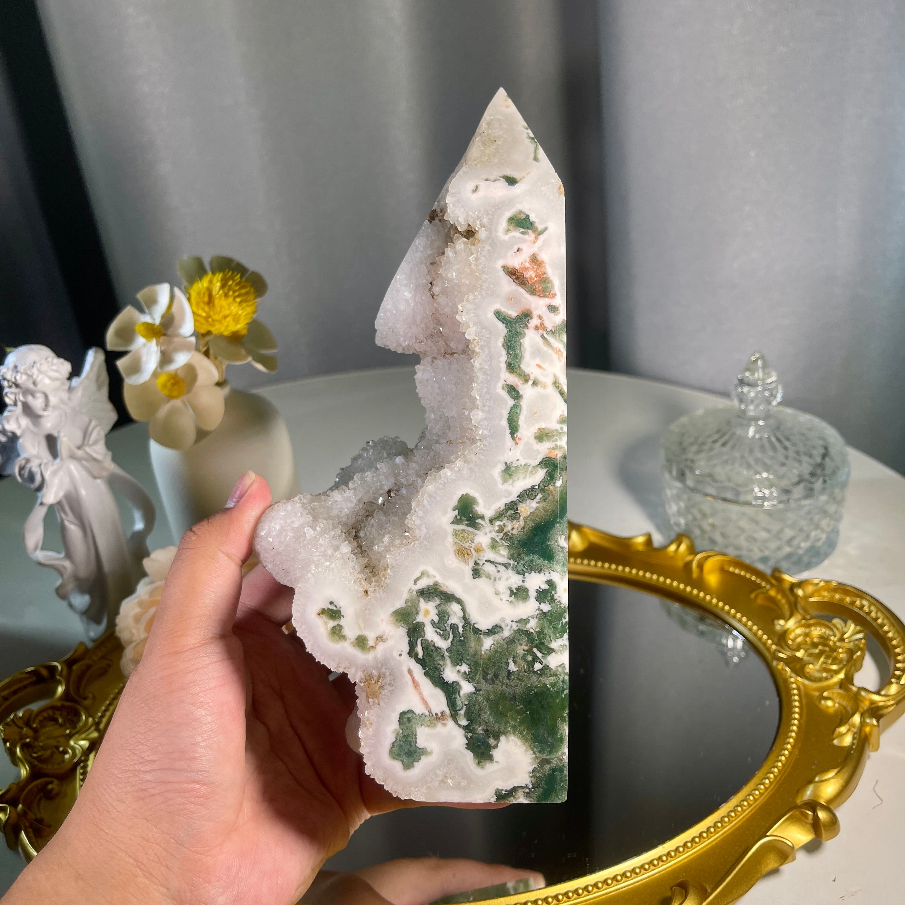 7.7"+ Moss Agate Cluster Tower 1PC