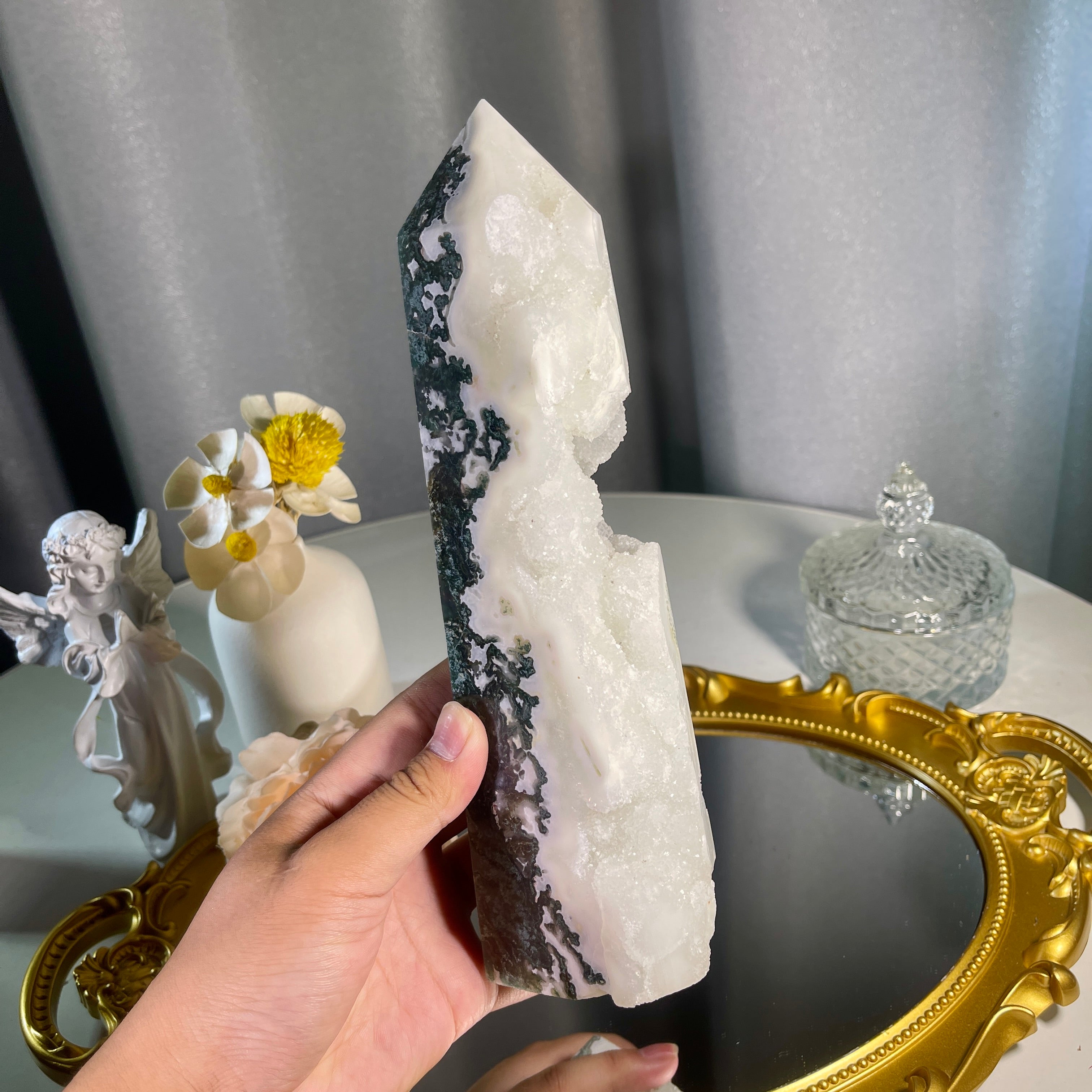 8.9"+ Druzy Moss Agate Tower 1PC