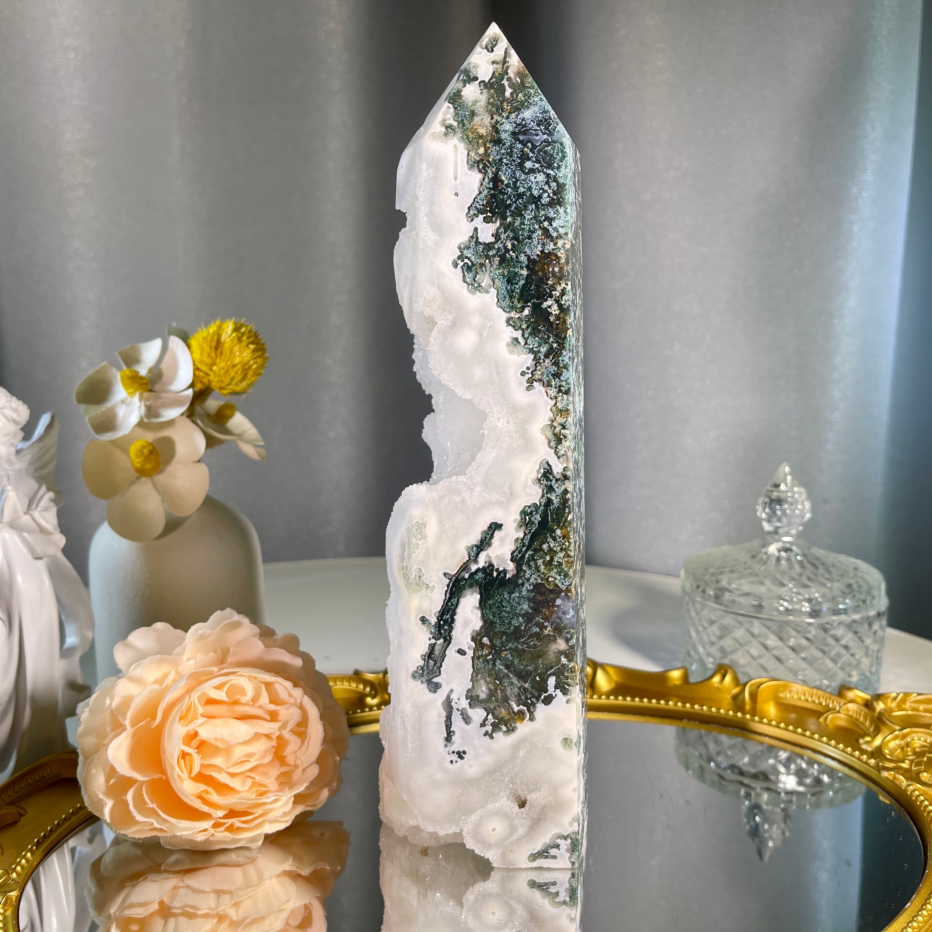 8.9"+ Druzy Moss Agate Tower 1PC