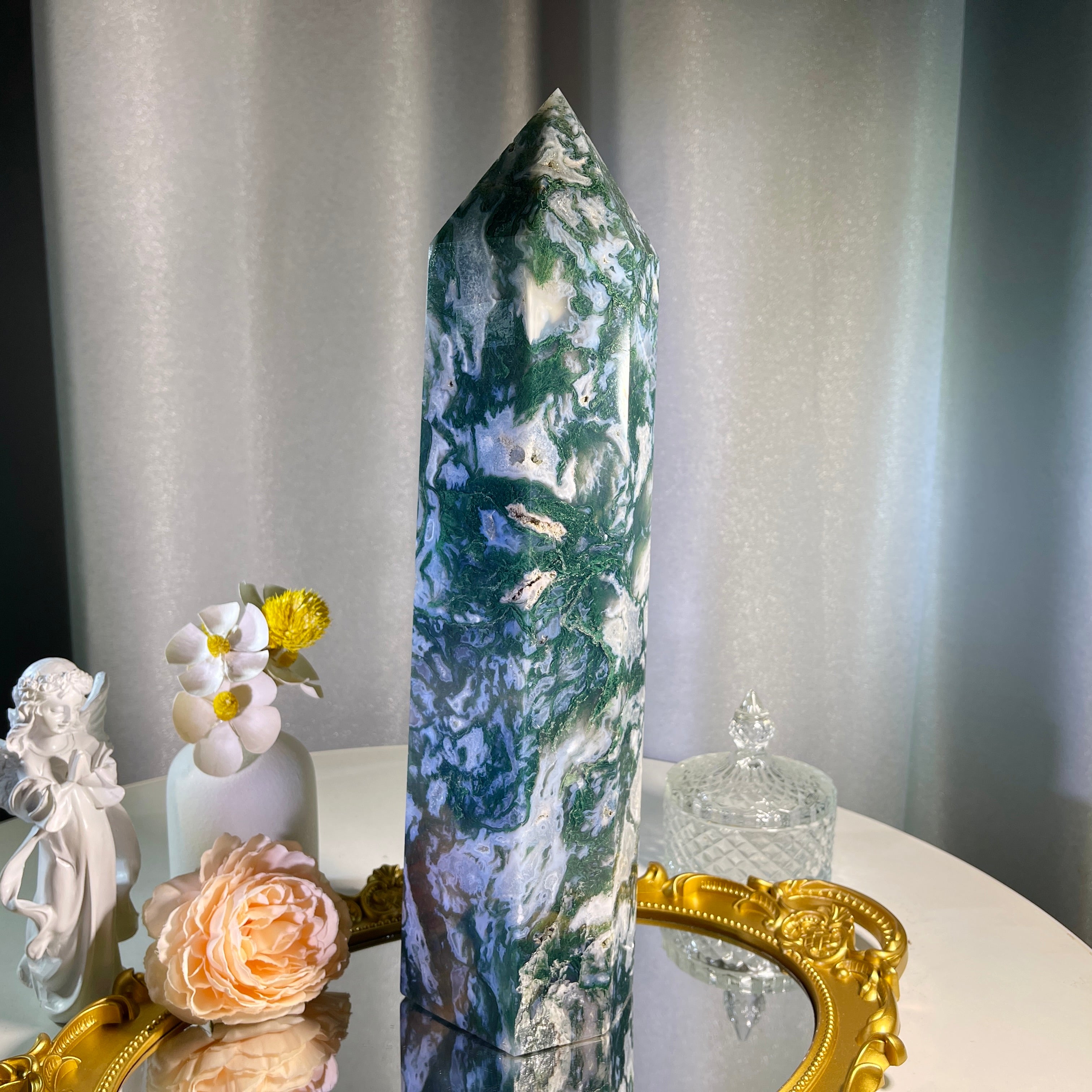 13.5"+ Moss Agate Tower 1PC