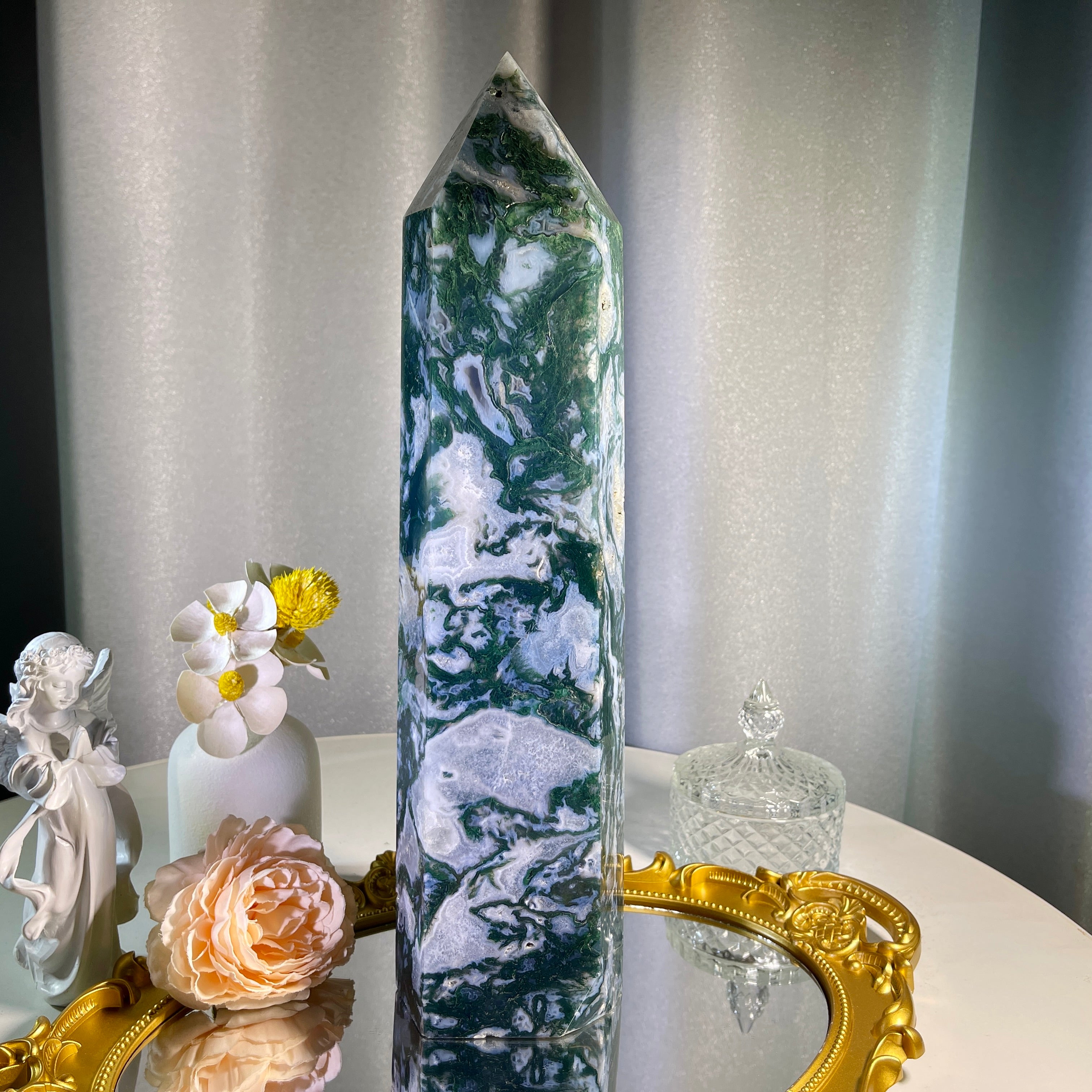 13.5"+ Moss Agate Tower 1PC