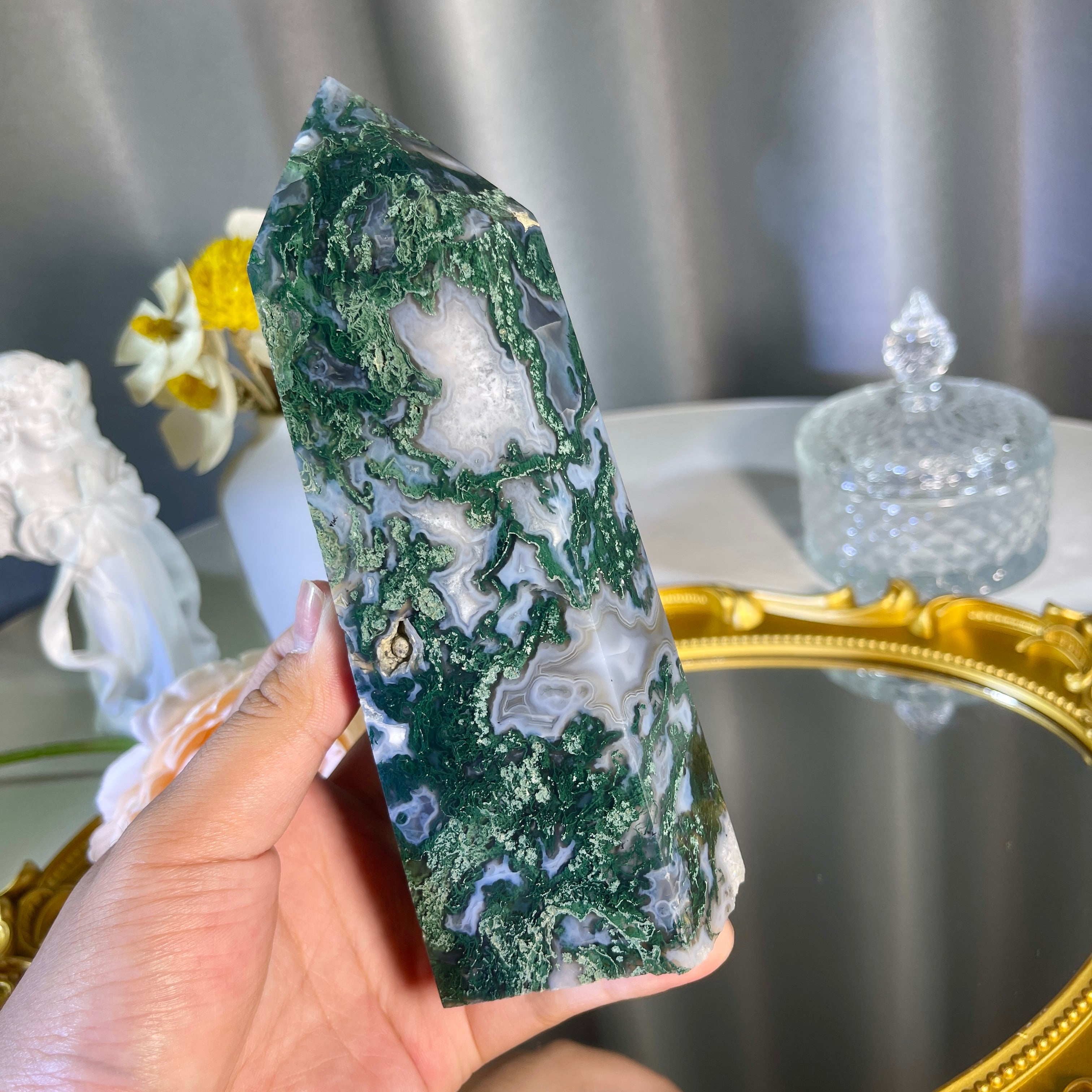 6.1"+ Moss Agate Tower 1PC